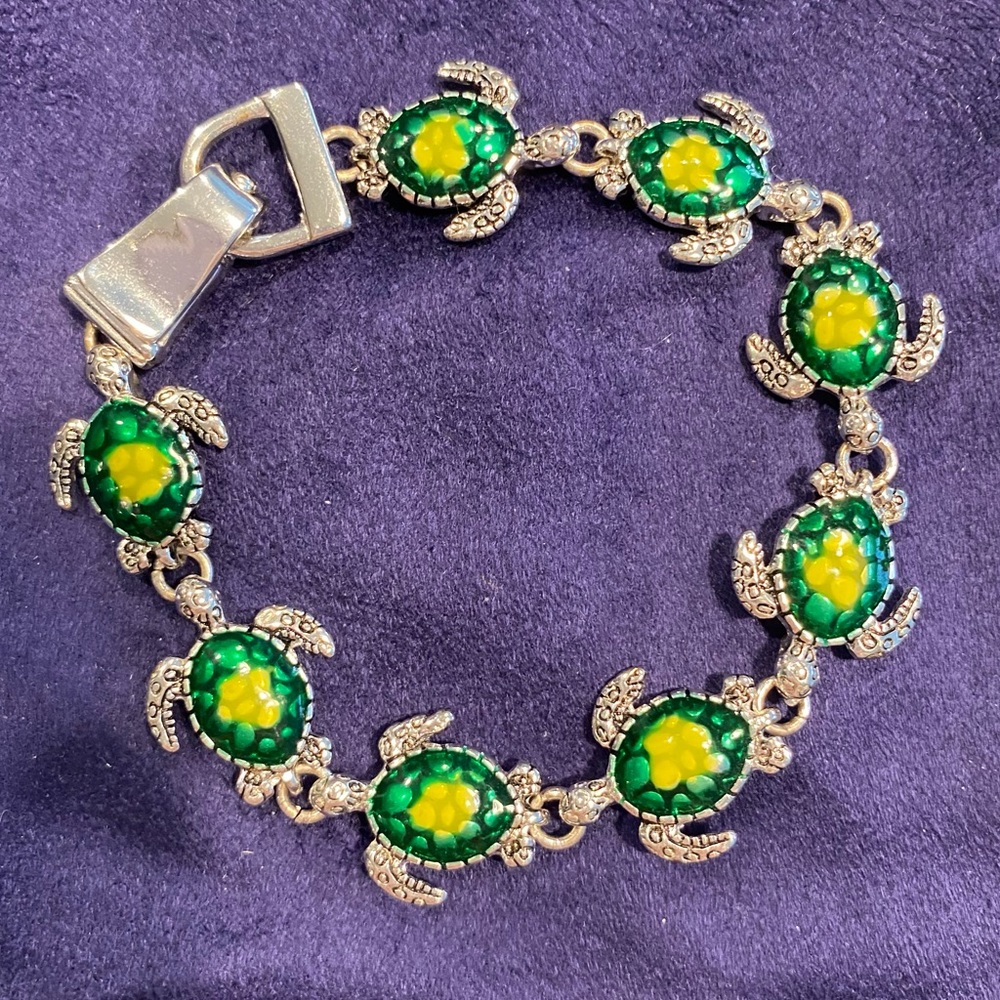 (NWOT) Silver & Painted Turtle Bracelet, 7.5”